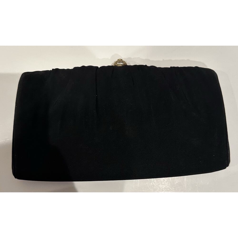 Vintage 1960s HL USA Black Satin Clutch Rhinestone Kiss Lock Evening